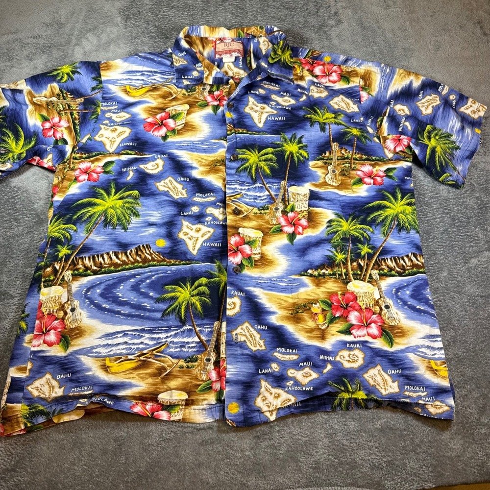 RJC Mens 3XL Hawaiian Shirt Blue Island Map Tropical Scenic Made in‎ USA Cotton
